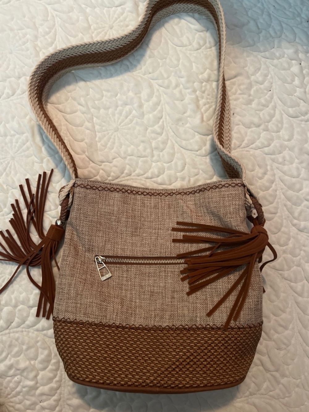 Steven by Steve Madden Boho Linen Woven Shoulder Bag with Braided Strap & Tassel